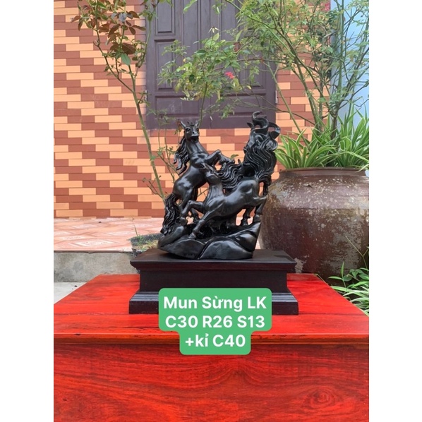 Tượng Song Mã Gỗ Mun Sừng liền nguyên khối