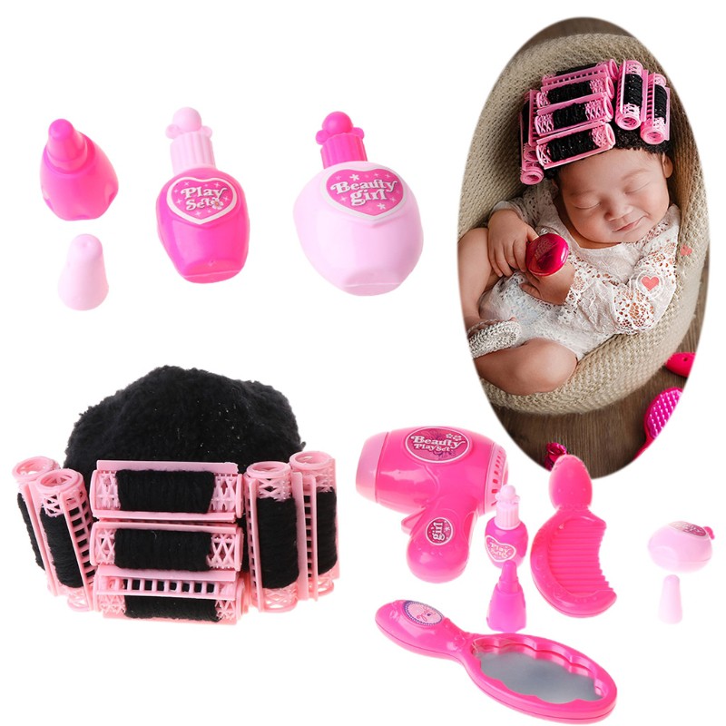 FL 1 Set Baby Photography Costume Funny Movie Style Landlady Cosplay Photo Shot Memorial Props Head Cover With Comb Hair Dryer Roller Cap Hat Newborn Girls Photos Studio