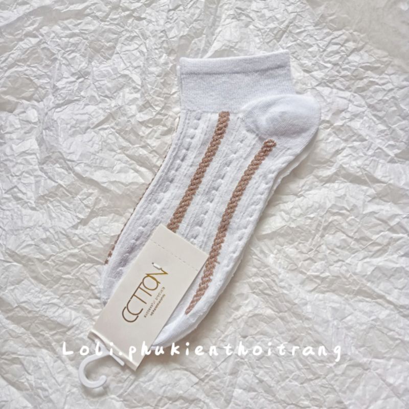 Tất Vớ Nữ Cổ Ngắn Họa Tiết Sọc Tone Nâu Nhiều Mẫu