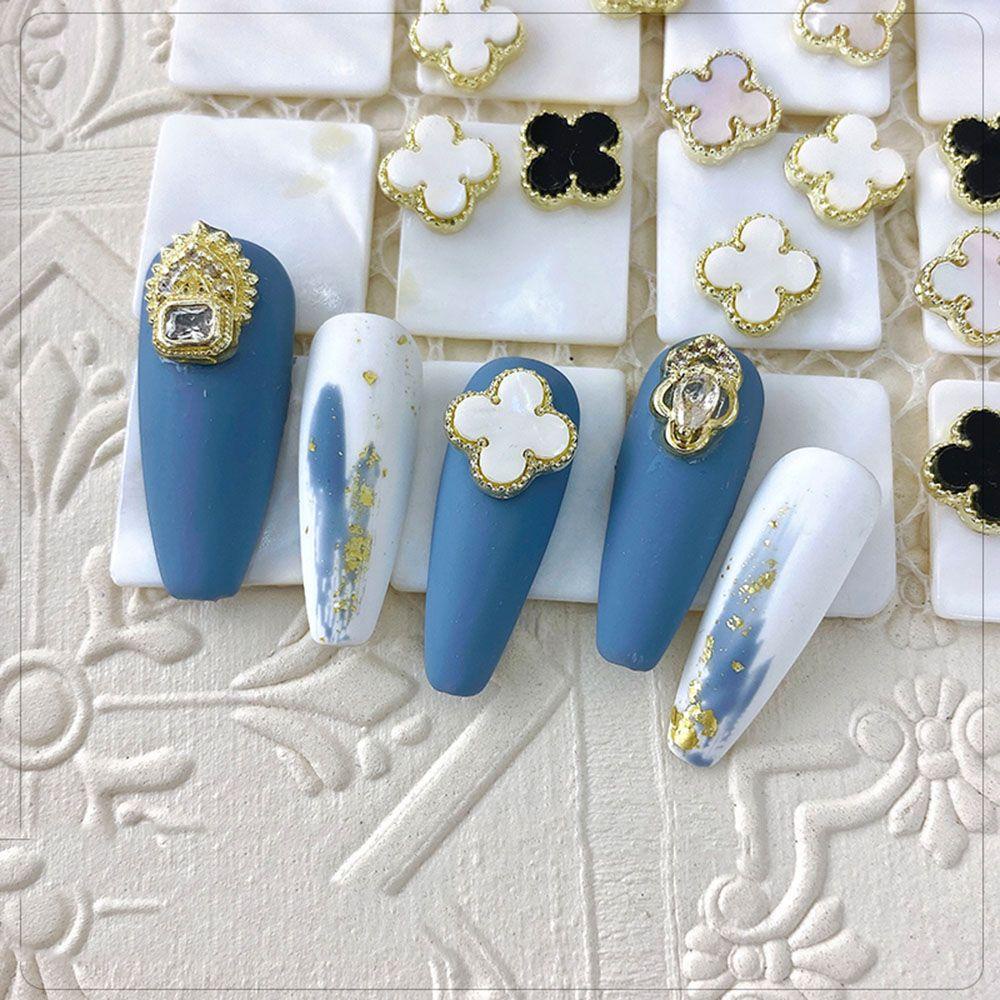 Phụ Kiện Trang Trí Móng Nghệ Thuật 3D Hình Cỏ Bốn Lá Và Vỏ Sò Màu Trắng Đen