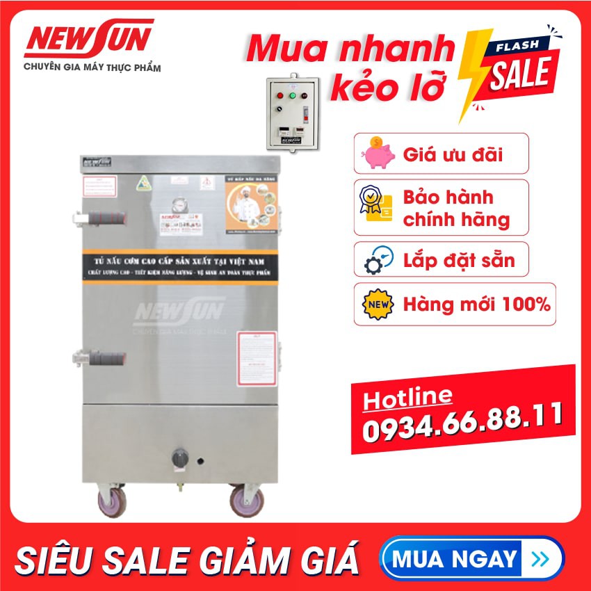 Tủ nấu cơm 40 kg gạo/mẻ 8 khay bằng điện gas NEWSUN Việt Nam - Bảo hành 12 tháng