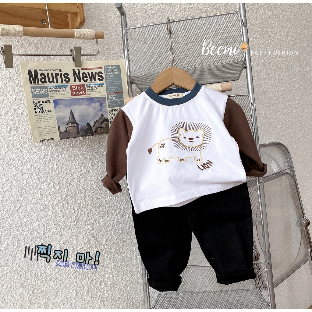 Bộ dài tay thu đông bé trai vải cotton hoạ tiết bé trai, bộ thun tay dài phối quần linen sành điệu Beemo