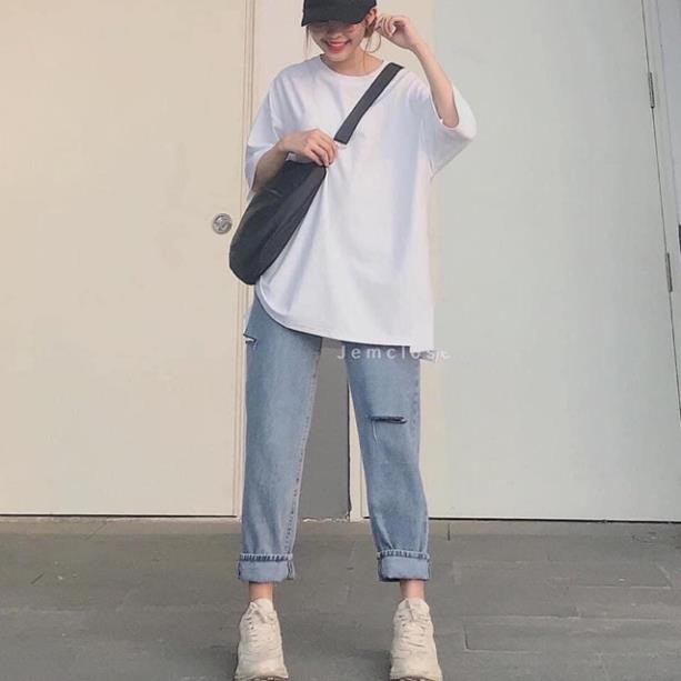 Set áo trơn trắng + bò baggy rách