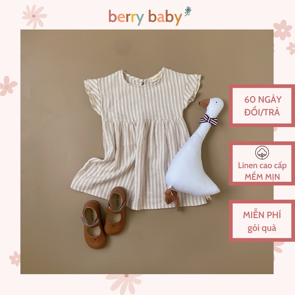 Váy trẻ em BERRYBABY vai cánh tiên họa tiết kẻ sọc vải linen cao cấp Luna
