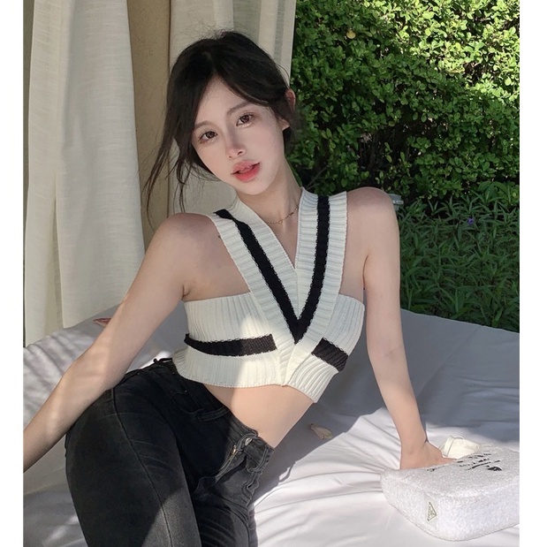 QKOOLE Áo Croptop Dệt Kim Hai Dây Phong Cách Hàn Quốc Quyến Rũ Cho Nữ