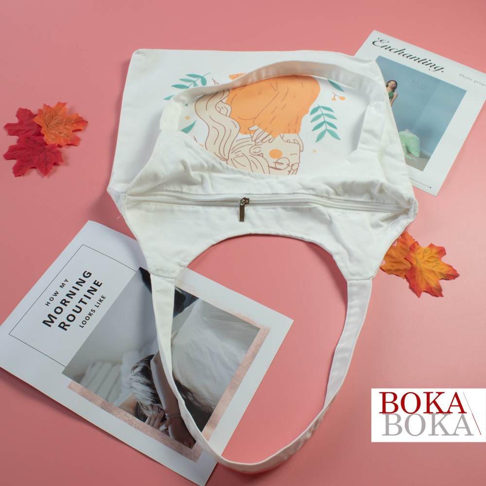 Túi tote quai tròn vải canvas Cô Gái 2 có khóa kéo