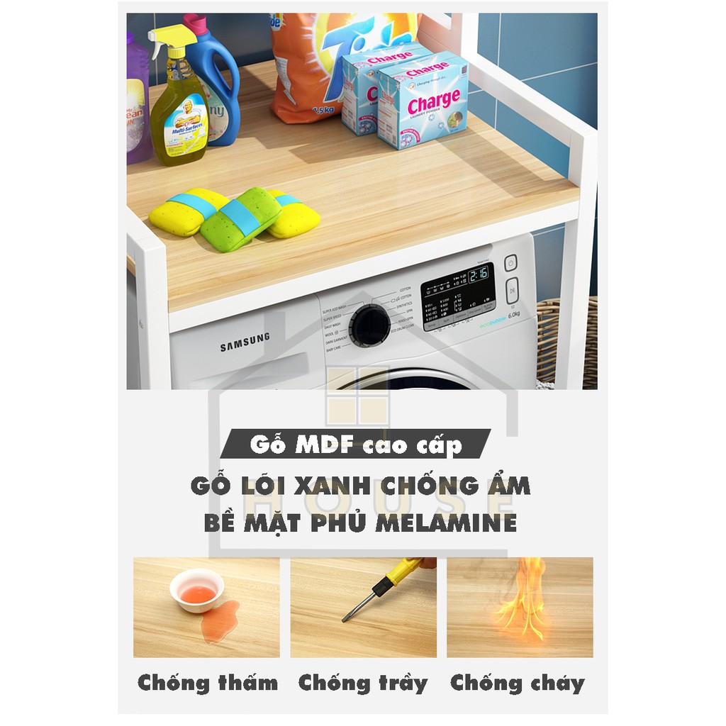 Kệ Máy Giặt 3 Tầng Có Tủ Đa Năng Mã Kmg06 Chính Hãng 9House Để Máy Giặt Cửa Trước Loại Khung Thép Dày Gỗ Chống Ẩm