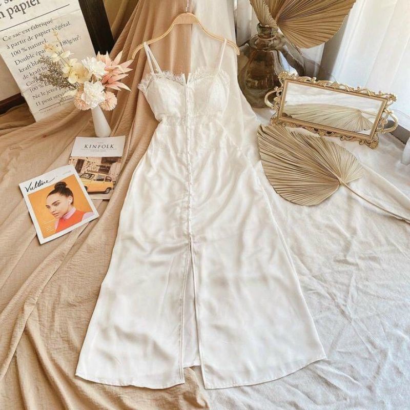 Đầm midi trắng 2s viền ren phối nút ✨✨