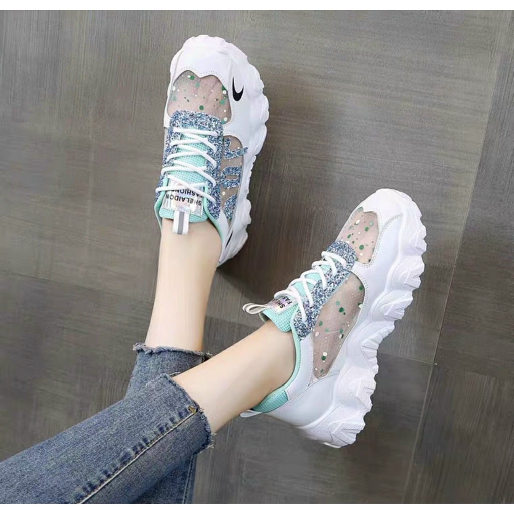 FREE SHIP Giày thể thao nữ , giày sneaker nữ đế độn cao 5cm đế sóng phối lưới nhũ siêu đẹp | BigBuy360 - bigbuy360.vn