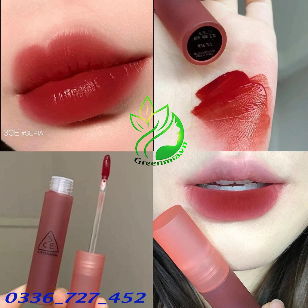Son Kem Lì 3CE Sepia - Màu Đỏ Gạch Đậm 4.6g Blur Water Tint Siêu Lì Không Lem