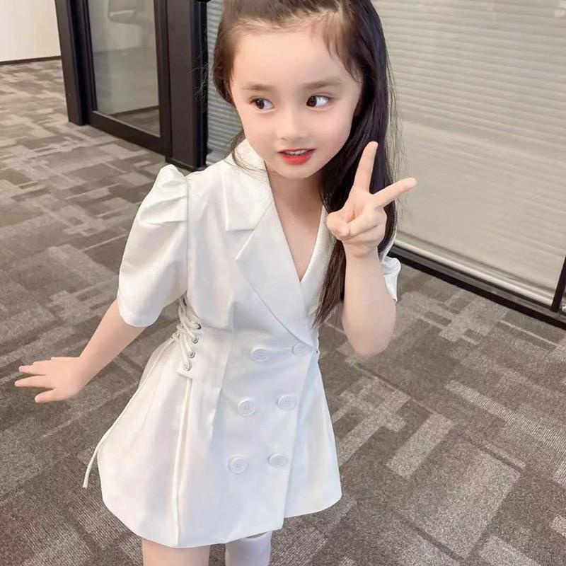 Đầm tay phồng chiết eo phối hai hàng nút thời trang mùa hè thanh lịch thời trang cho bé gái