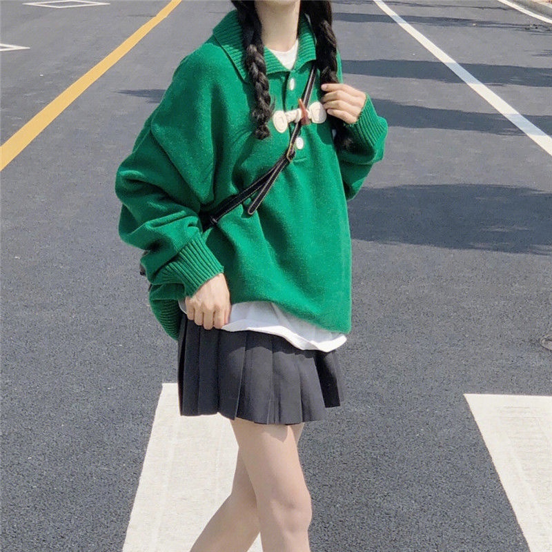Áo Sweater Cổ Polo Dáng Rộng Màu Xanh Lá Phong Cách Hàn Quốc Thời Trang Thu Đông Cho Nữ