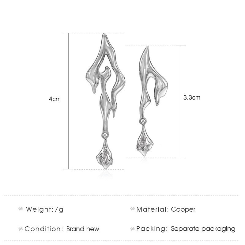 Thời trang INS Bông tai bất đối xứng của Nữ Zircon Lava Hình dạng giọt nước Màu bạc