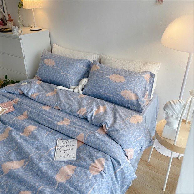 Bộ 4 món Chăn ga gối Cotton Living mẫu Lông Vũ Xanh.