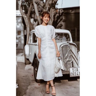 Đầm trắng nhún eo
