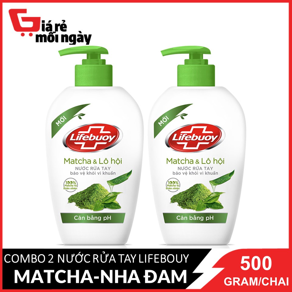 Combo 2 chai Nước rửa tay diệt khuẩn Lifebuoy Matcha &amp; Nha đam (Xanh lá) 500gX2