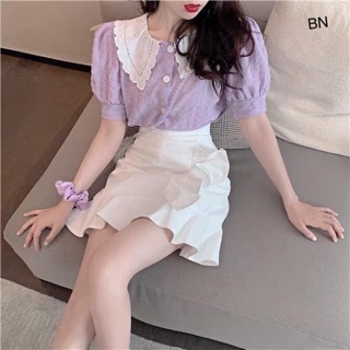 set 3 món áo tím cổ ren + cv và buộc tóc