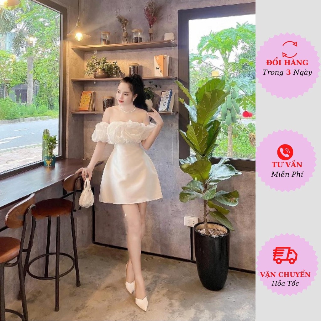 Váy trễ vai nữ tacta tay bồng viền bèo tầng đính ngọc tiểu thư bánh bèo dáng ngắn đi tiệc cưới sang chảnh Hàn Quốc