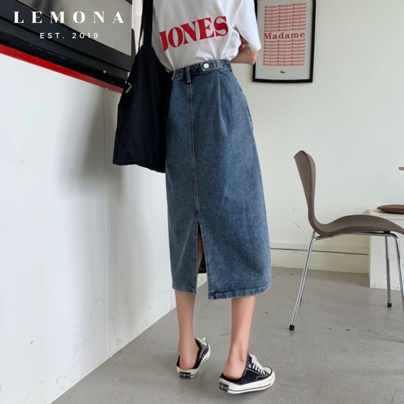 Chân Váy Bò Jeans Dài Cài Khuy Sau Lưng Xẻ Tà Sau Nữ Tính Học Sinh Hàn Quốc