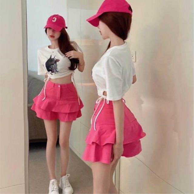 Jiashucheng Set Áo Thun Cotton Rút Dây + Chân Váy Xếp Tầng Lưng Cao Thời Trang Nữ