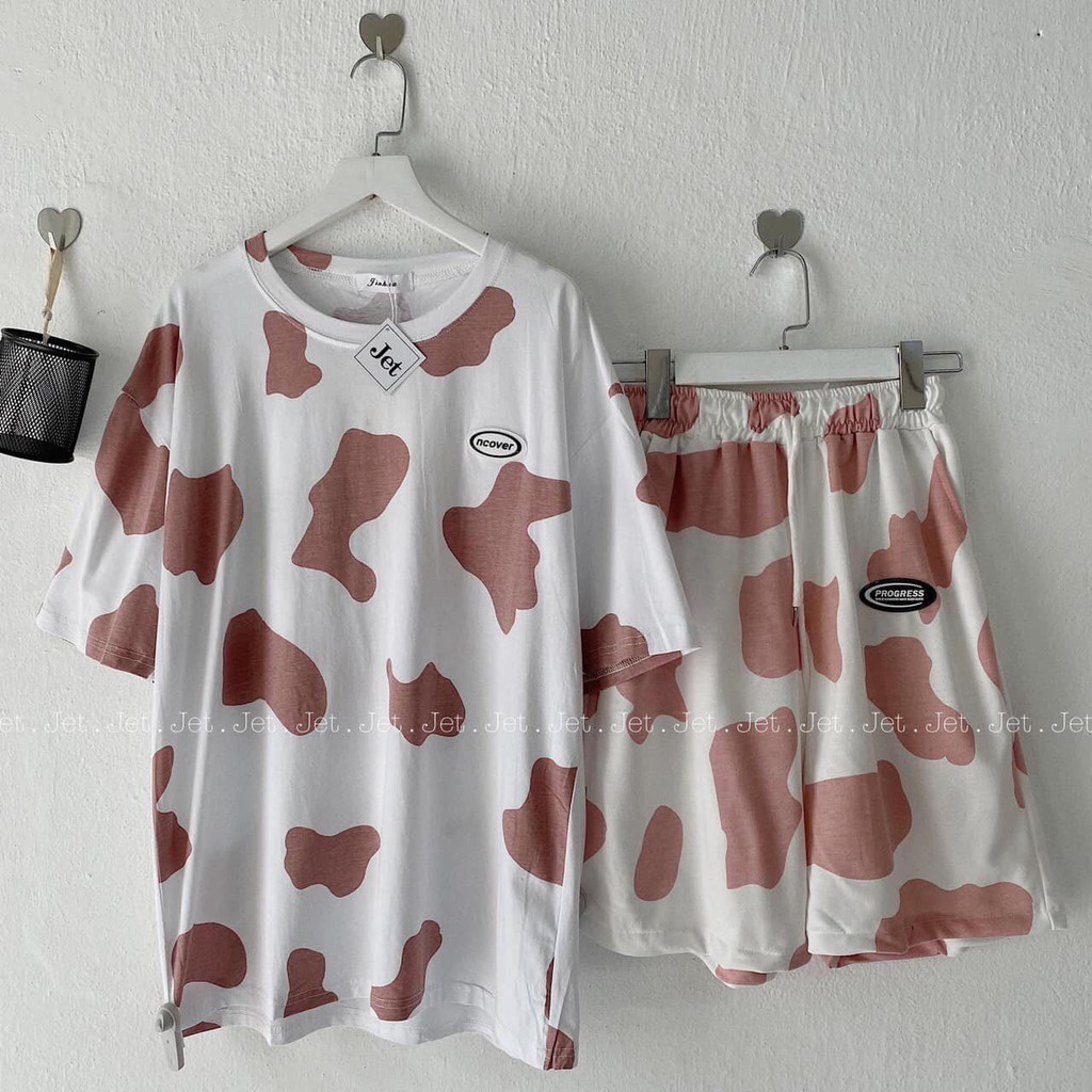 Set quần sooc đùi áo thun cộc tay bò sữa dáng rộng unisex/ Bộ đùi nữ mặc nhà thời trang hàn quốc_ranstore | BigBuy360 - bigbuy360.vn