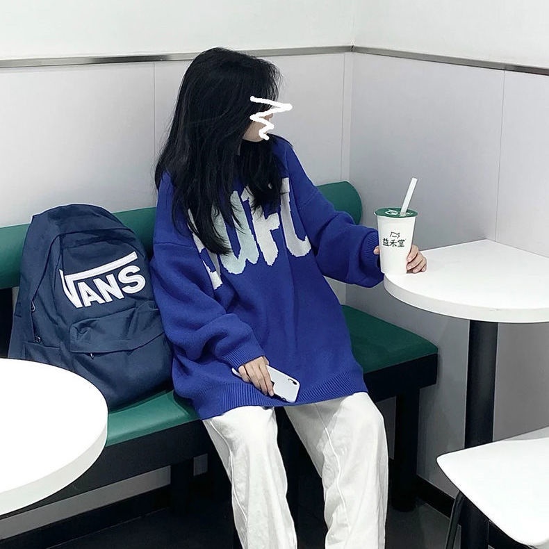 Áo Sweater dệt kim dày dặn dáng rộng in chữ màu xanh dương phong cách Hàn Quốc thời trang mùa đông cho nữ