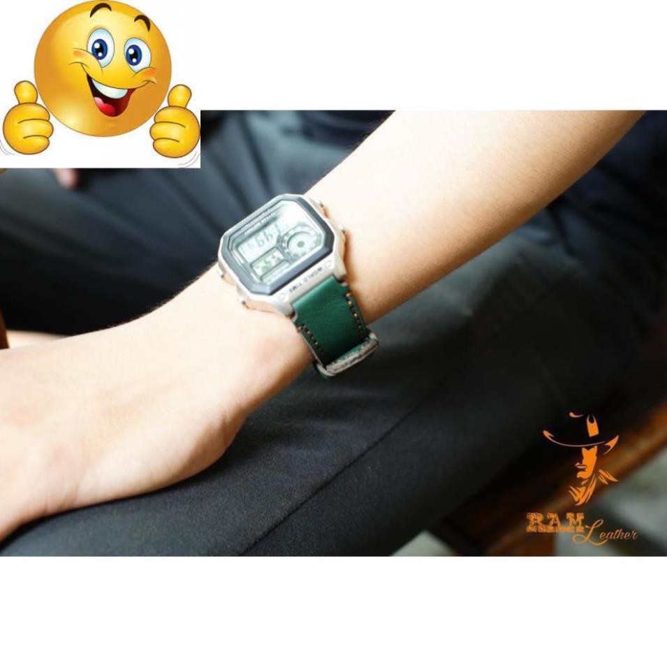 DÂY ĐỒNG HỒ CASIO AE1200 / SEIKO 5 - DA BÒ THẬT XANH RÊU - RAM CLASSIC 1984 CHÍNH HÃNG RAM LEATHER .