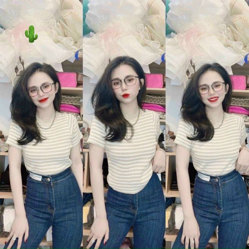 Áo kiểu croptop cổ bẻ sọc ngang cực hot , chất thun coton mềm mịn