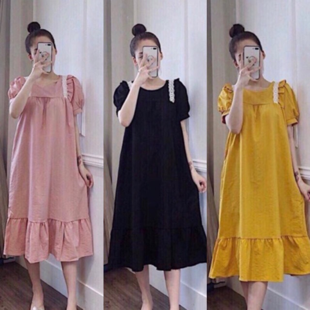 [Mã 44FASHIONSALE1 giảm 10K đơn 50K] Váy bầu thiết kế M05( Ren bèo vai vải xịn )