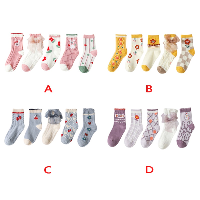 Set 5 Đôi Vớ Cổ Trung Họa Tiết Hoa Hoạt Hình Dễ Thương Cho Bé Gái