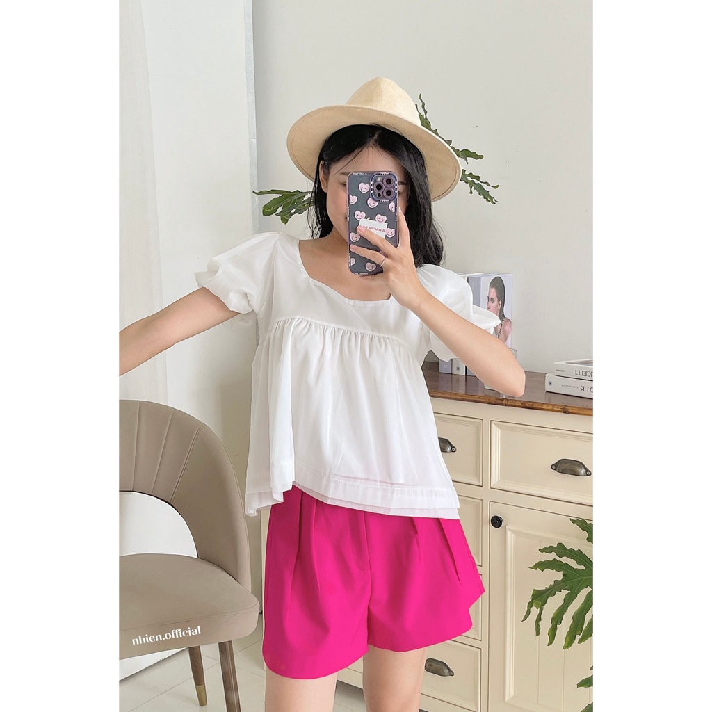 Áo kiểu cổ vuông cột nơ sau nữ nhiennhienvintage BA82