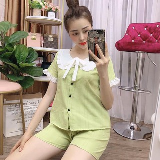 Đồ Bộ Nữ, Đồ Bộ Mặc Ở Nhà Và Đi Ngủ, vải đũi phối ren, nhiều màu, thắt nơ siêu xinh đẹp LinhKute_2207.