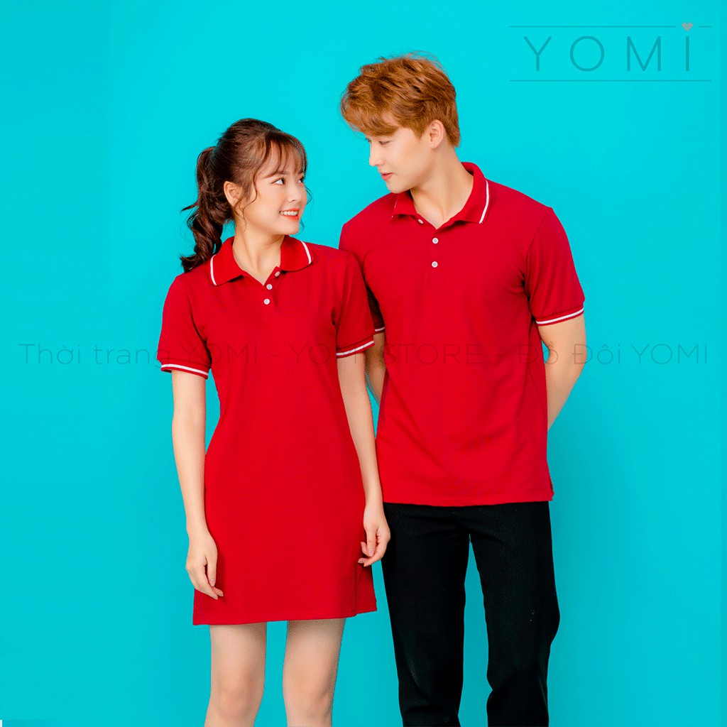 Váy áo đôi polo đỏ đô dáng suông, đồ đôi thiết kế đơn giản phù hợp cho nhiều cặp đôi, nhiều cặp vợ chồng