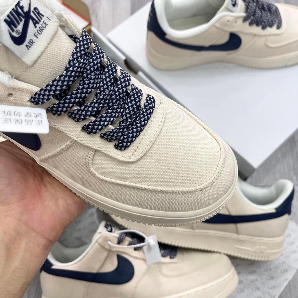 Giày thể thao AF1 kem vạch xanh than, AIR FORCE 1 CANVAS NAVY, AF1 Vải Kem Sữa Hót trend 2023