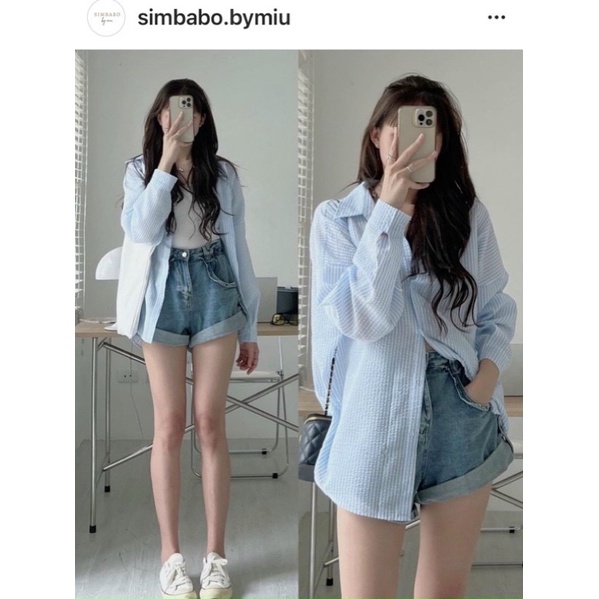 Sơ mi kẻ dài tay kiểu form rộng  dáng ulzzang Hàn Quốc