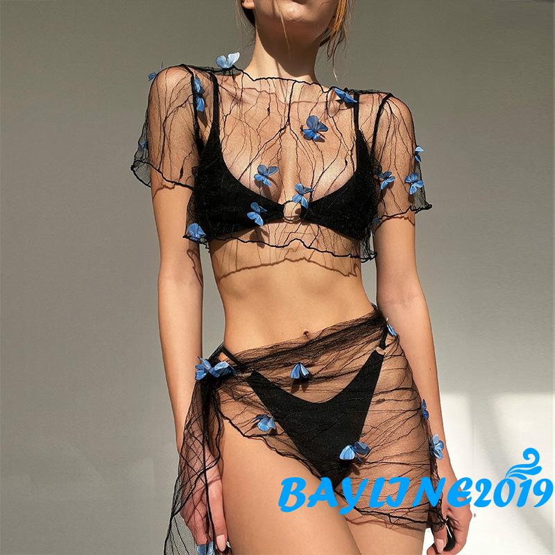 Bộ Đồ Bơi Áo Croptop Tay Ngắn Phối Chân Váy Lưới Mỏng Ba Chiều Trang Trí Hình Bướm Dành Cho Bạn Nữ