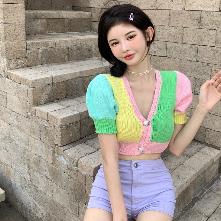 Cocory vn Áo croptop dệt kim tay ngắn cổ chữ v thời trang hàn quốc cho nữ