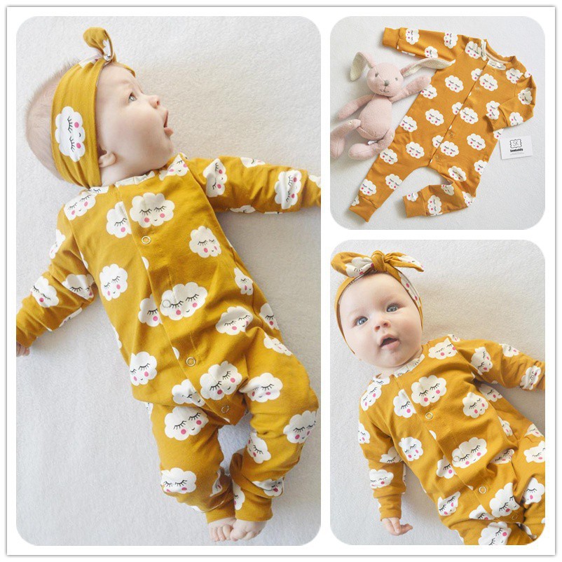 Bộ áo liền quần Mikrdoo chất liệu cotton kèm băng đô đáng yêu cho bé sơ sinh