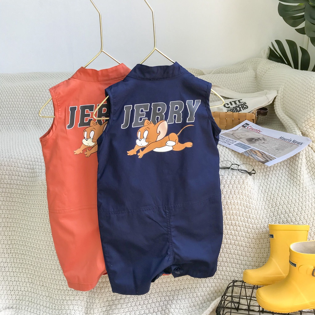 Bộ Áo Liền Quần Không Tay Phối Nút Cài In Hoạt Hình Phong Cách Hàn Quốc Thời Trang Mùa Hè Cho Bé Trai Và Gái