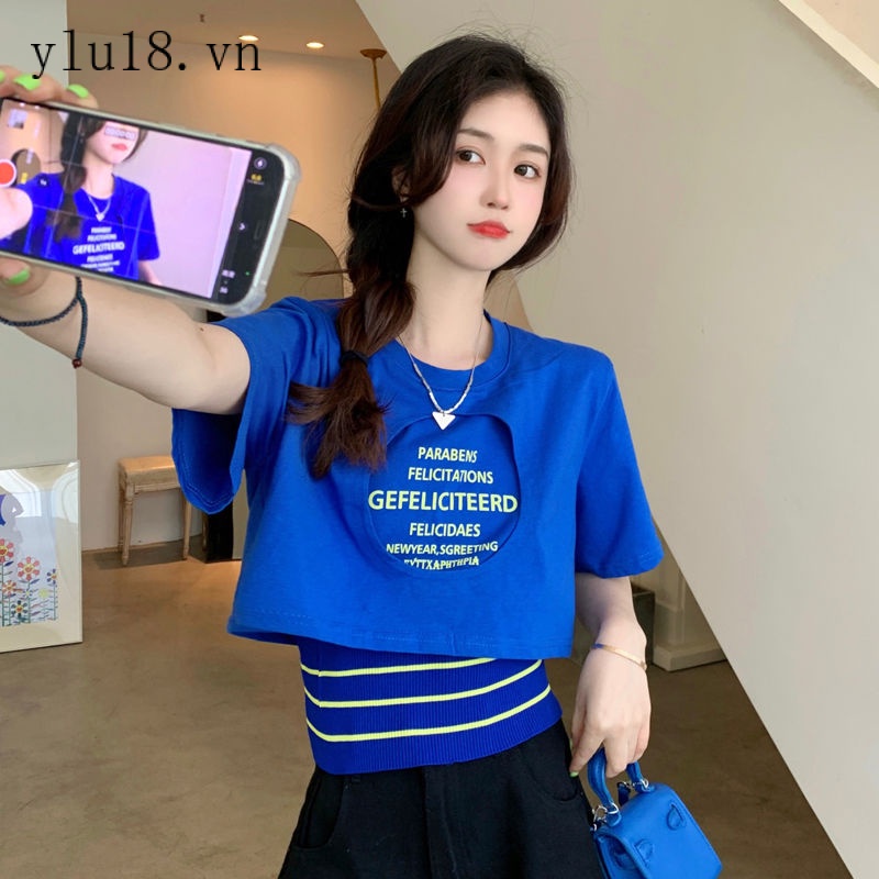 Áo Thun Ngắn Tay Giả Hai Lớp Phong Cách Phương Tây Thời Trang Mùa Hè Cho Nữ