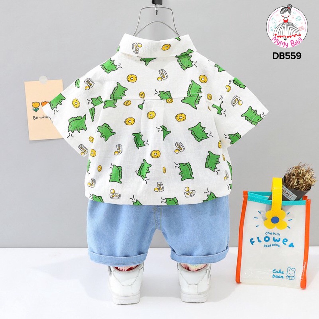 Đồ bộ khủng long xanh lá sơ mi phối túi phong cách, quần jean túi đáng yêu cho trẻ