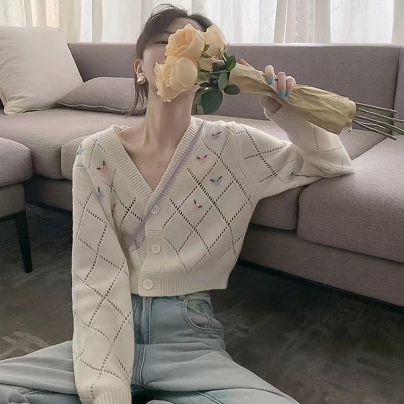Áo Khoác Cardigan Dệt Kim Dáng Rộng Ngắn Thêu Họa Tiết Kiểu Retro Hàn Quốc Xinh Xắn Cho Nữ