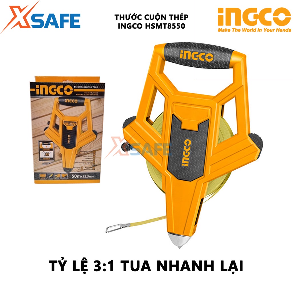 Thước cuốn thép INGCO HSMT8550 Thước cuộn thép dài 50m, chất liệu thép cao cấp chịu nhiệt, chịu lực, chống gỉ  - [XSAFE]