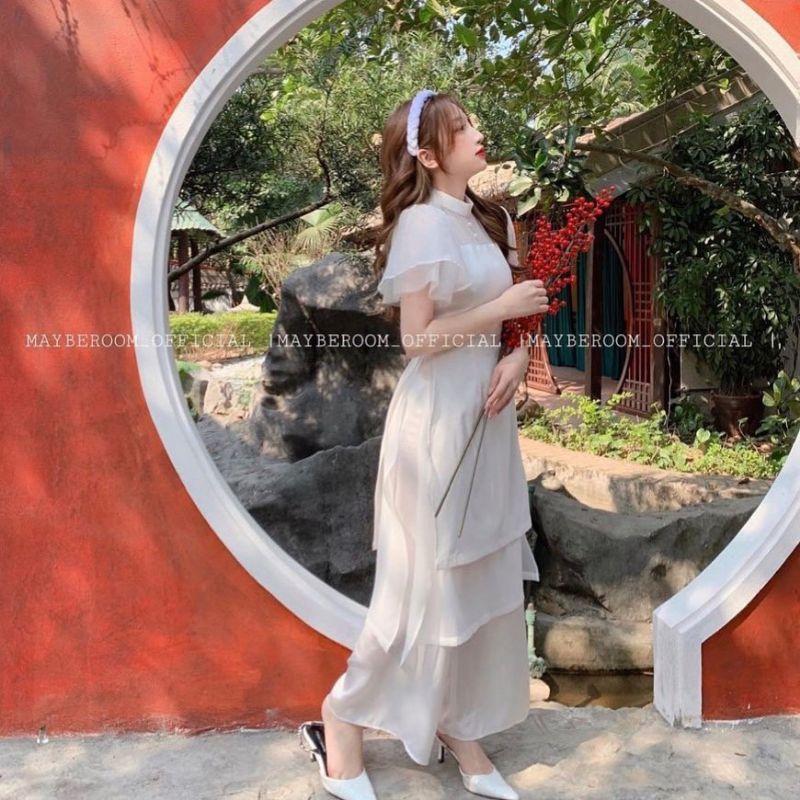 Áo dài cách tân trắng kèm chân váy xòe ullzang kèm ảnh thật