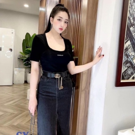 Áo thun kiểu cổ U chữ Sunday, Áo phông dáng ôm cổ vuông sexxy co giãn XX856 - NhiNhi Shop