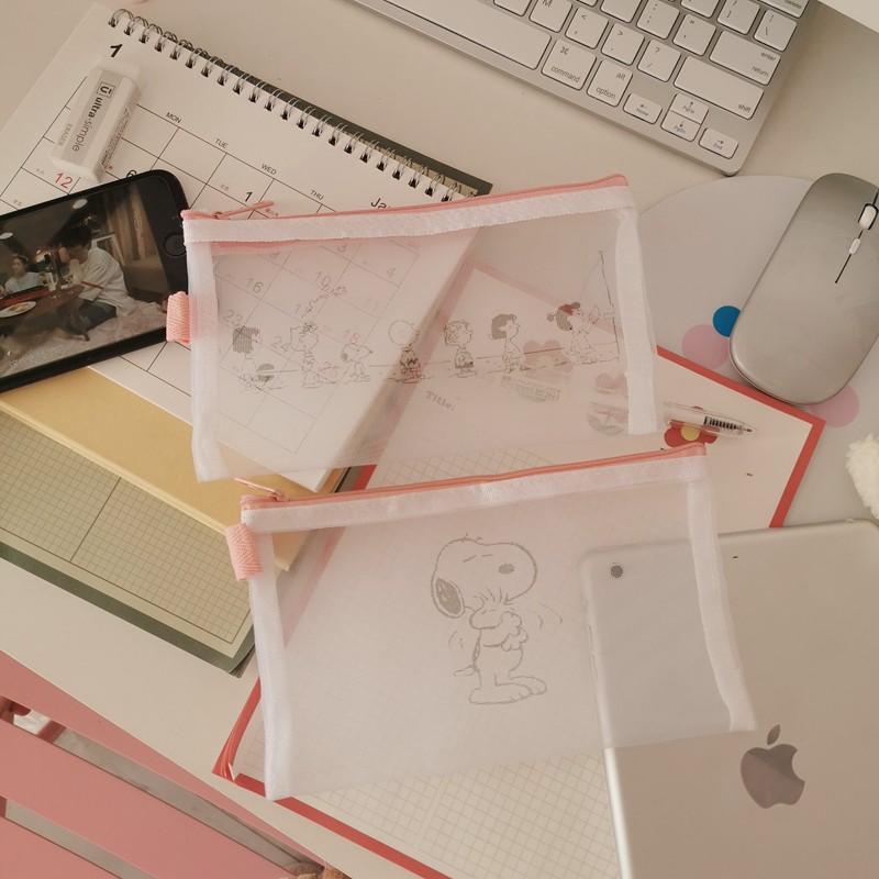 Túi đựng bút chì lưới cho học sinh hình Snoopy trong suốt dễ thương