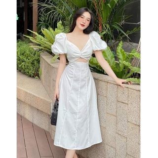 Váy xoắn ngực dọc li tay bồng dáng dài cut eo đi biển mieu.store