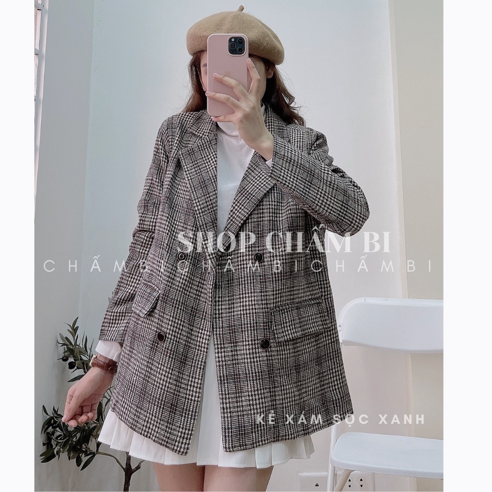 Áo Khoác Blazer Nữ Kẻ Caro Vải Dạ 2 Lớp Freesize&lt;56kg - A.098