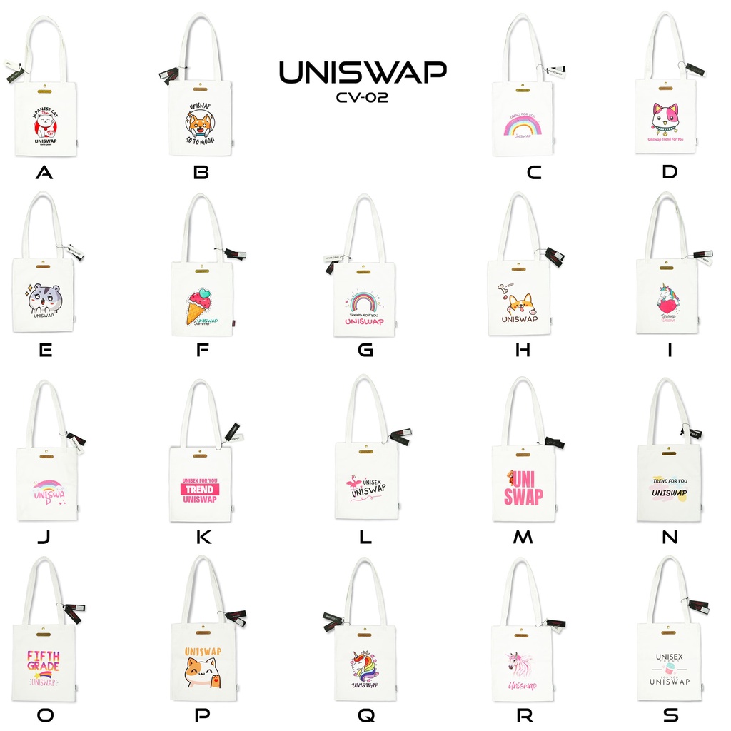 Túi đeo vai, mẫu túi tote đi học vải canvas UNISWAP CV-02/A - màu trắng họa tiết cute