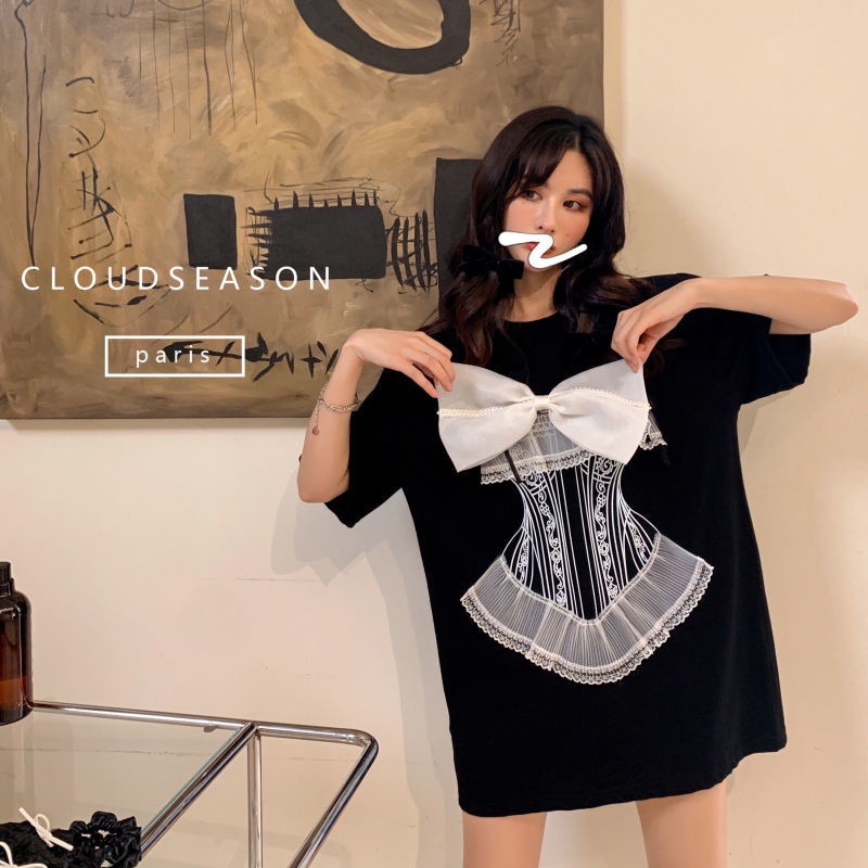 Áo thun màu đen ngắn tay dáng rộng trang trí nơ phối ren thời trang mùa hè cho nữ